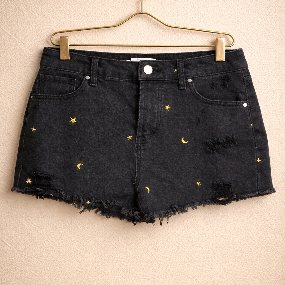 Tinseltown Black Jean Shorts with Celestial Embroidery